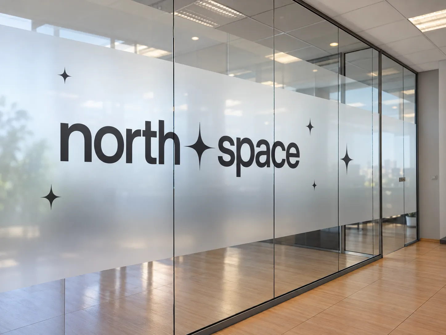 North✦space logotipas ant NorthSpace biuro matinio stiklo sienos