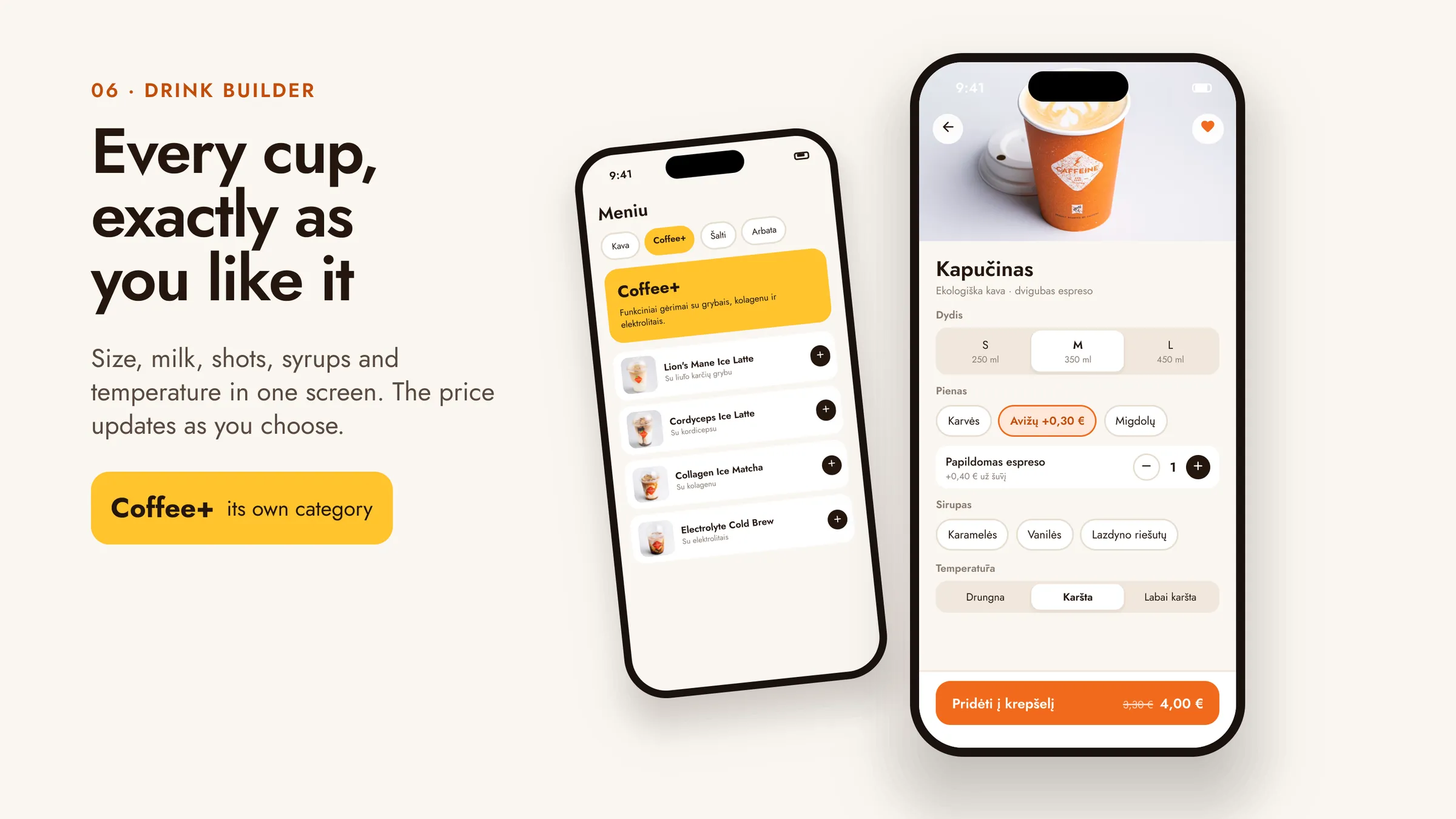 Gėrimo konstruktorius su dydžiu, pienu, papildomu espreso ir Coffee+ kategorija