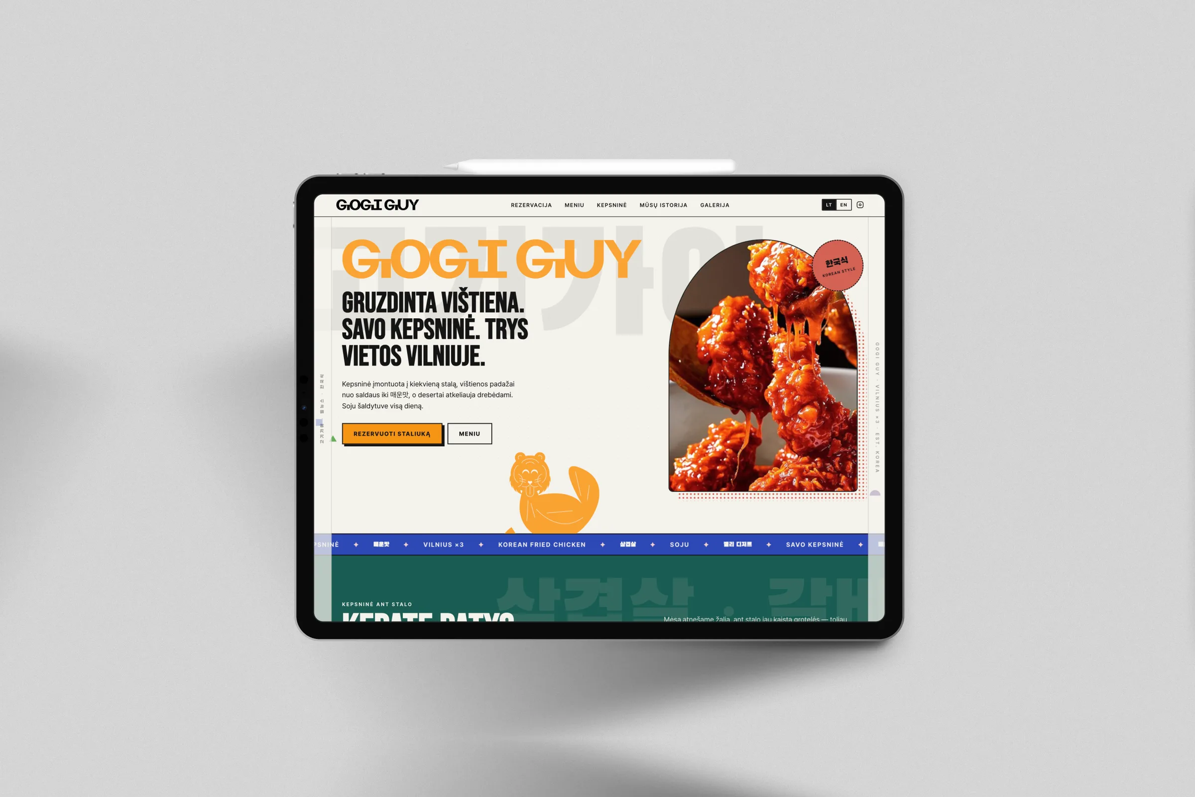 Gogi Guy pradžios puslapis planšetėje iPad su Apple Pencil