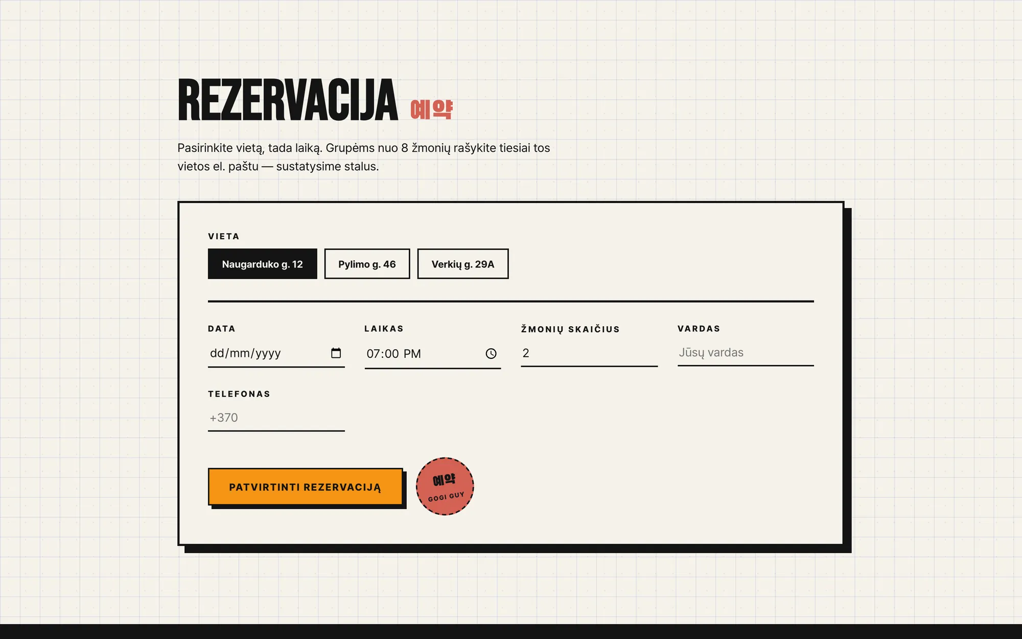 Rezervacijos forma: vieta, data, laikas ir žmonių skaičius